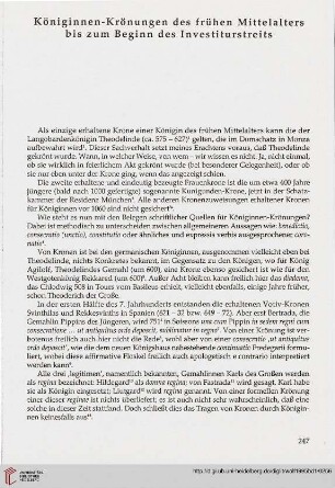 Königinnen-Krönungen des frühen Mittelalters bis zum Beginn des Investiturstreits