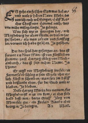 ES geht ein frischer Sommer daher/ || vnd wolt jr hören Newe Mehr/