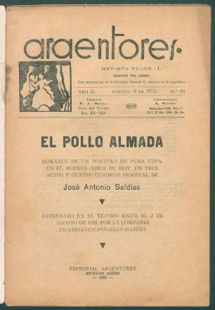 1935006800: El pollo almada : romance de un porteño de pura cepa, en el Buenos Aires de hoy, en tres actos y cuatro cuadros
