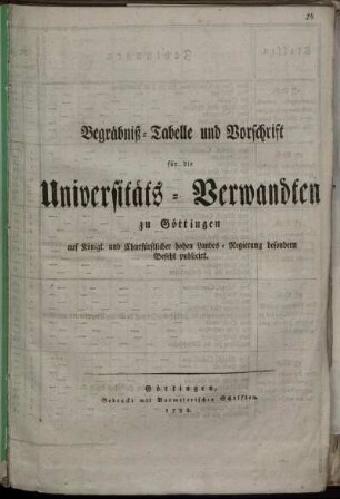 Begräbniß-Tabelle und Vorschrift für die Universitäts-Verwandten zu Göttingen : auf Königl. und Churfürstlicher hohen Landes-Regierung besondern Befehl publicirt ; Göttingen den 20. Januar 1798