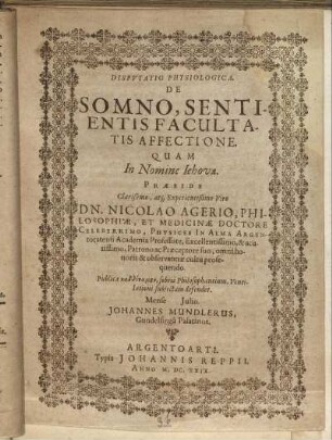 Disputatio Physiologica. De Somno, Sentientis Facultatis Affectione