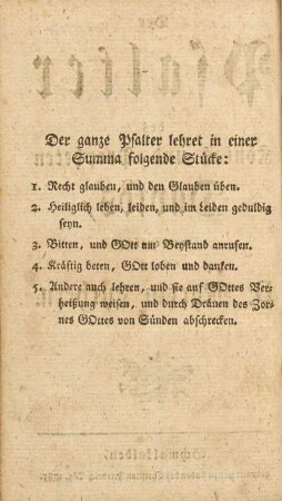Der ganze Psalter lehret in einer Summa folgende Stücke ...