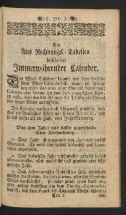 Ein Aus Rechnungs-Tabellen bestehender Immerwährender Calender.
