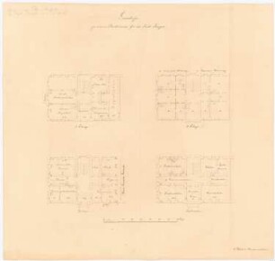 Rathaus, Striegau 4. Projekt: Ausführungsentwurf: Grundriss Keller, Erdgeschoss, 1. und 2. Obergeschoss; Maßstabsleiste