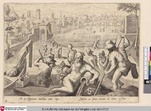 [Fischenfang mit Schleppnetzen im Arno, vorne der Flussgott; Fishing with dragnets in the river Arno]