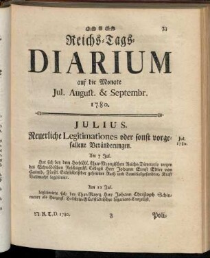 Reichs-Tags-Diarium auf die Monate Jul. August. & Septembr. 1780.