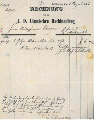 Rechnung der J. D. Classischen Buchhandlung (für Stadtpfarrer Ehmann in Möckmühl)
