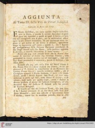 Aggiunta al Tomo III. delle Vite de' Pittori Bolognesi
