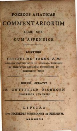 Poeseos Asiaticae Commentariorum Libri Sex : Cum Appendice