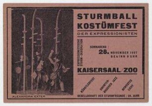 Post- Einladungskarte der Gesellschaft der Sturmfreunde an Hannah Höch mit Abbildung von Figurinen von Alexandra Exter. Berlin. Einladung zum "STURMBALL KOSTÜMFEST DER EXPRESSIONISTEN", 26. November 1927, im Kaisersaal/Zoo.