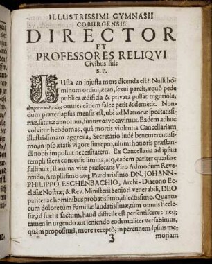 Illustrissimi Gymnasii Coburgensis Director Et Professores Reliqui Civibus suis.
