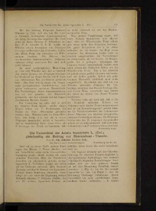 Die Variabilität der Adalia bipunctata L. (Col.), gleichzeitig ein Beitrag zur Descendenz-Theorie.