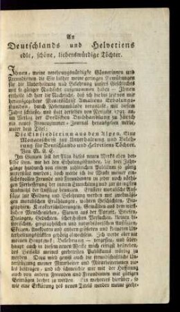 An Deutschlands und Helvetiens edle, schöne, liebenswürdige Töchter