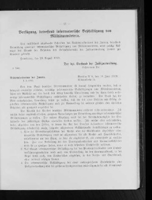 Verfügung, betreffend informatorische Beschäftigung von Militäranwärtern