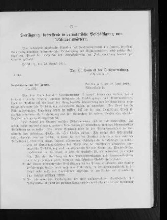 Verfügung, betreffend informatorische Beschäftigung von Militäranwärtern