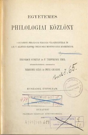 Egyetemes philologiai közlöny. 20. 1896