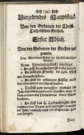 Vierzehrndes Hauptstuck. Von den Gebotten der Christ-Catholischen Kirchen
