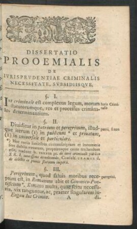Dissertatio Prooemialis De Iurisprudentiae Criminalis Necessitate, Subsidiisque