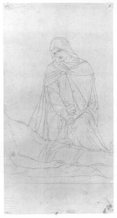 Maria hinter dem Leichnam Christi : Rietschel, Ernst. Maria hinter dem Leichnam Christi. Bleistift auf Transparentpapier; 29,6 x 15,3 cm. Wohl 1850. Privatbesitz. WVZ 317