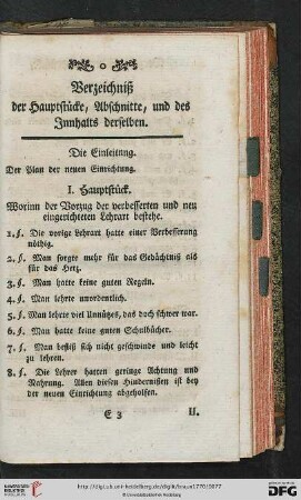 Verzeichnisz der Hauptstücke, Abschnitte, und des Innhalts derselben