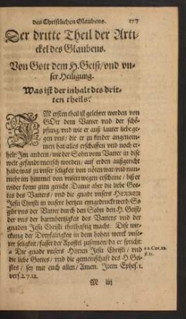 Der dritte Theil der Artickel des Glaubens. Von Gott dem H. Geist/ und unser Heiligung.
