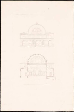 Viehmarkt und Schlachthof, Berlin Bebauungsplan Ackerstraße/ Brunnenstraße von 1862: Projekt II: Börsengebäude Stirnansicht und Querschnitt