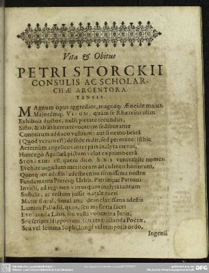 Vita & Obitus Petri Storckii Consulis Ac Scholarchae Argentoratensis