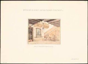 Ostdeutsches Forstamt Schinkelwettbewerb 1944: Forstmeister-Gehöft: Wohnhaus. Diele, perspektivische Ansicht