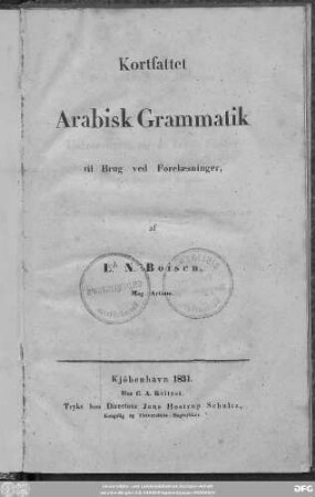 Kortfattet Arabisk Grammatik til Brug ved Forelaesninger
