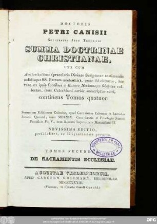 Tomus Secundus: De Sacramentis Ecclesiae
