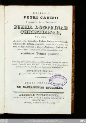 Tomus Secundus: De Sacramentis Ecclesiae