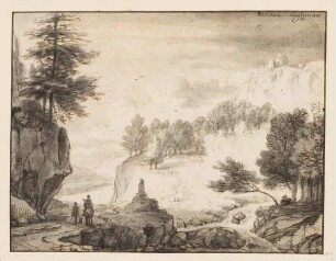 Reiter und Wanderer in einer bergigen Landschaft mit Burg