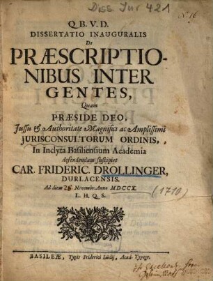 Dissertatio Inauguralis De Praescriptionibus Inter Gentes