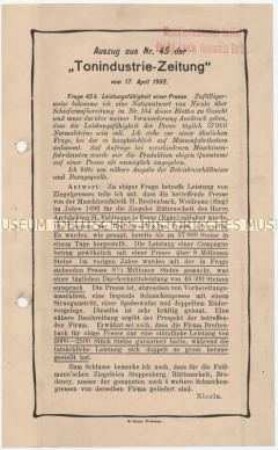 Auszug aus Nr. 45 der "Tonindustrie-Zeitung"