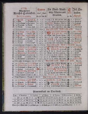 1778. Allgemeiner Reichs-Calender. September.