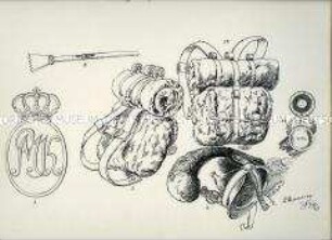 Uniformdarstellung, Detailstudie Helm und Helmverzierungen, Säbeltroddel und Tornister der Linien-Infanterie, Königreich Bayern, 1806/1812. Beiblatt 1 zu Tafel I aus: Müller/Braun: Königl. Bayerische Armee.