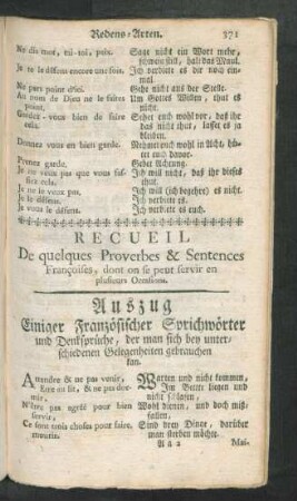 Recueil Des quelques Proverbes & Sentences ... Auszug Einiger Französischer Sprichwörter ...