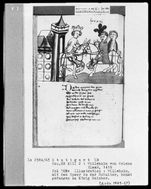 Willehalm von Orlens, Folio 4recto-299verso — Willehalm von Orlens, Folio 4recto-299versoWillehalm kommt als Gefangener zu König Rainher, Folio 185verso