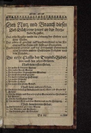 Den Nutz und Brauch dieses Bet-Büchleins zeiget an das dreyfache Register.