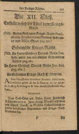Die XII. Claß. Enthält in sich Titul derer Kriegs-Räthe