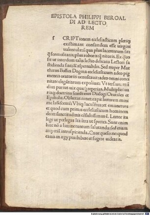 Recuperationes Faesulanae : mit Brief des Autors an Kardinal Giovanni de' Medici, Fiesole 31.3.1492, und an den Leser von Philippus Beroaldus