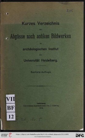 Kurzes Verzeichnis der Abgüsse nach antiken Bildwerken im Archäologischen Institut der Universität Heidelberg