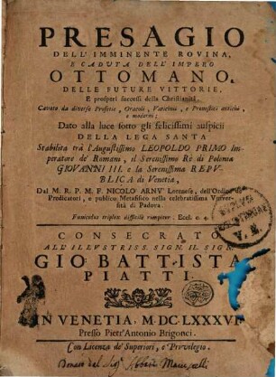 Presagio dell'imminente rovina e caduta dell'impero Ottomano, delle future vittorie ... della Christianita
