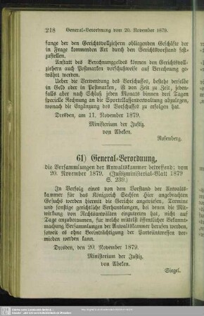 61) General-Verordnung, die Versammlungen der Anwaltskammer betreffend; vom 20. November 1879