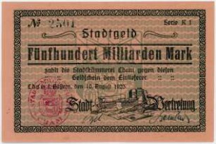 Geldschein / Notgeld, 500 Milliarden Mark, 10.8.1923