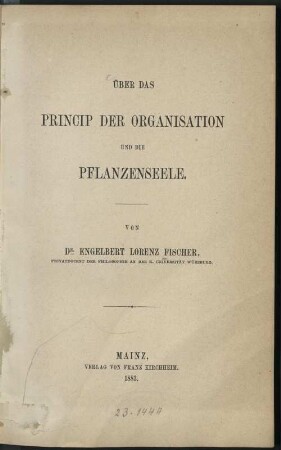 Über das Princip der Organisation und die Pflanzenseele