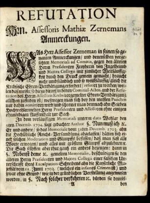 Refutation Hrn. Assessoris Mathiæ Zernemans Anmerckungen