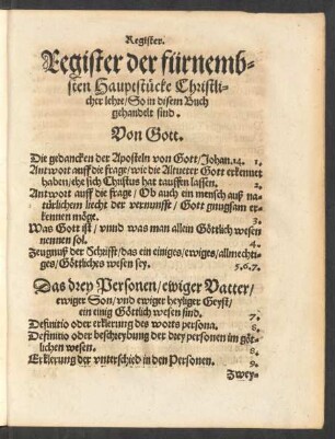 Register der fürnembsten Hauptstücke Christlicher lehre/ ...