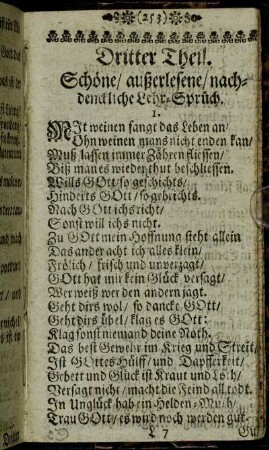 Dritter Theil. Schöne/ außerlesene/ nachdenckliche Lehr-Sprüch.