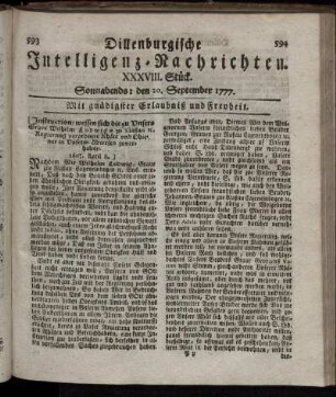 XXXVIII. Stück. Sonnabends: den 20. September 1777.
